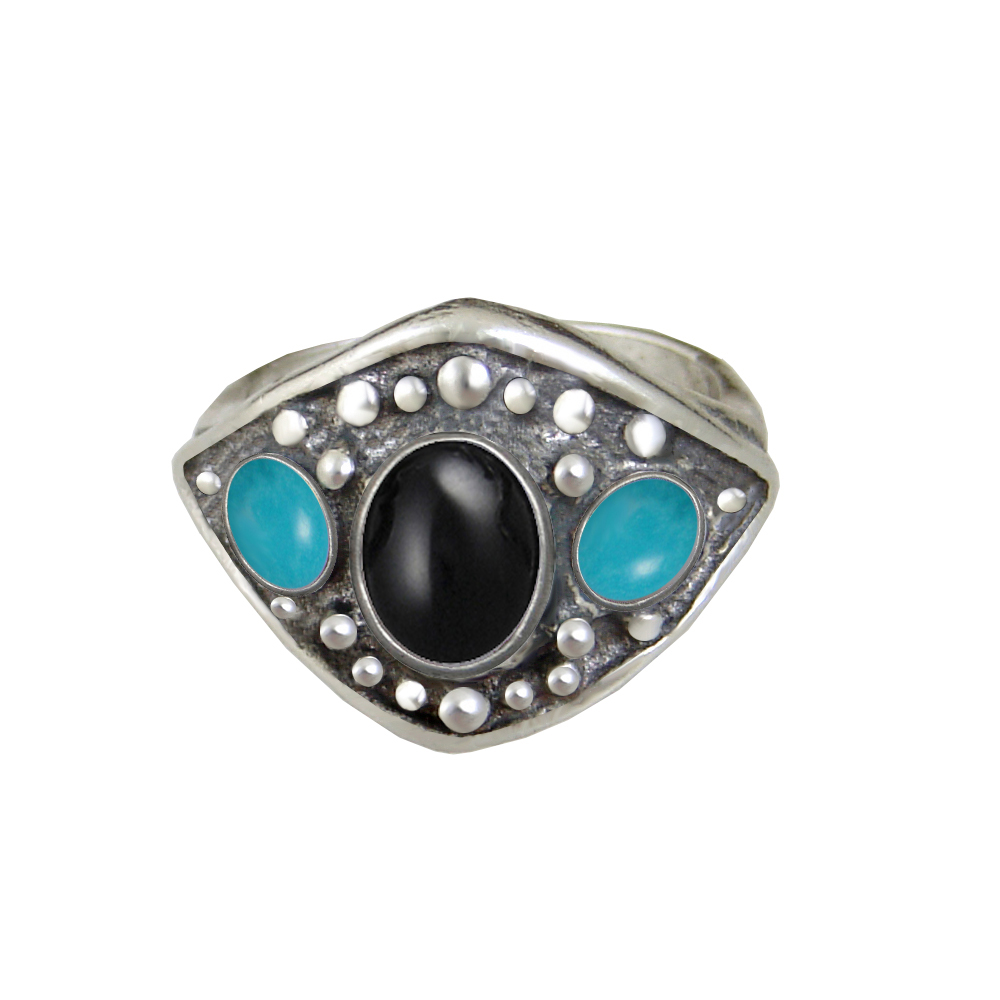 Sterling Silver Medieval Lady's Ring with Black Onyx And Turquoise Size 7